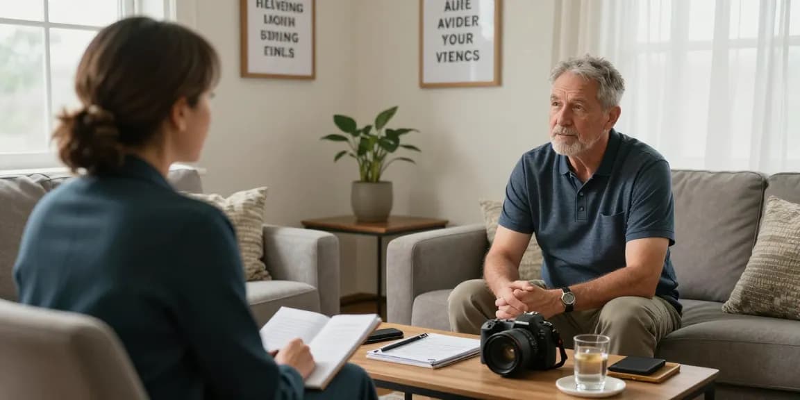 PTSD treatment for veterans during therapy session with supportive therapist in healing atmosphere.