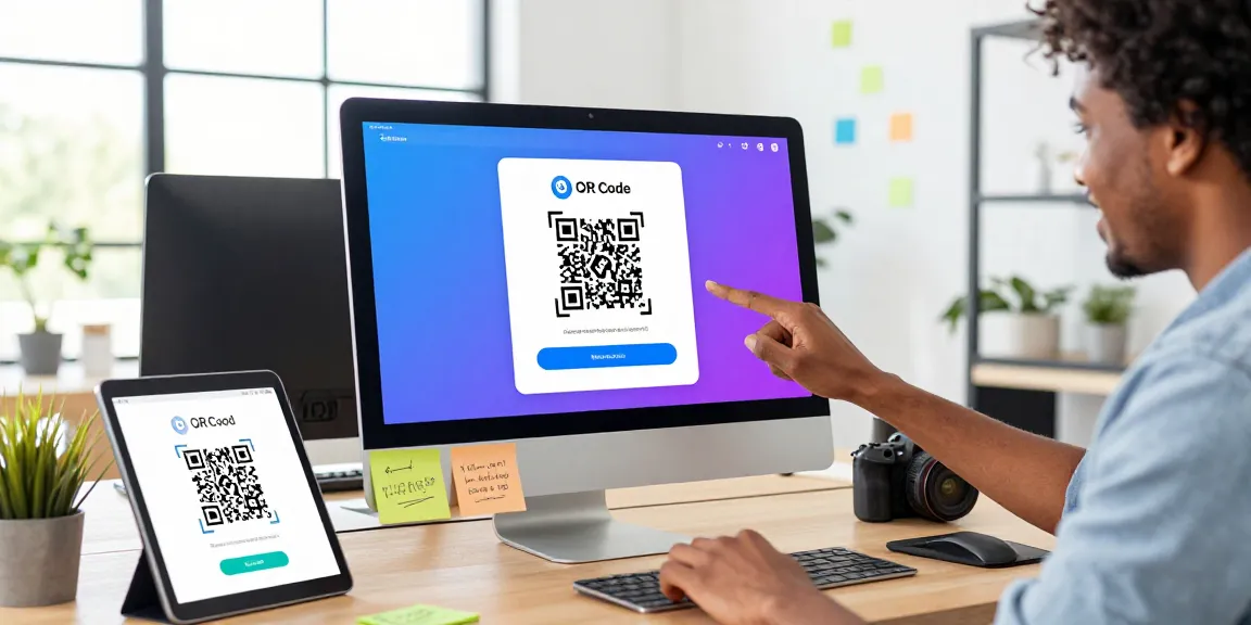 Dynamic workspace illustrating QR Code Generator Canada with user creating customized codes in a vibrant tech environment.