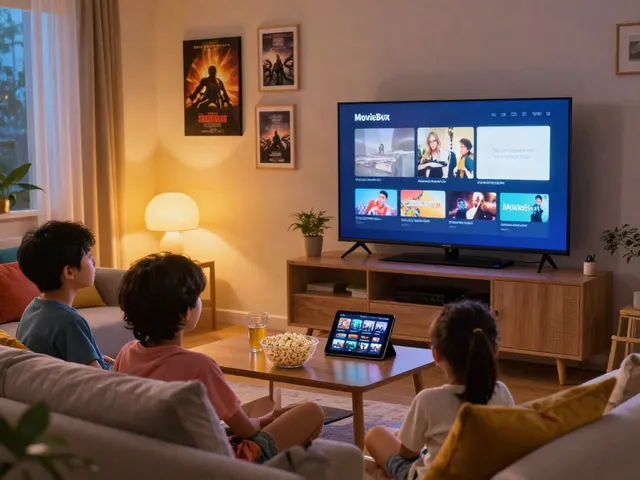 Family enjoying a movie night using the MovieBox app, cozy living room setting.