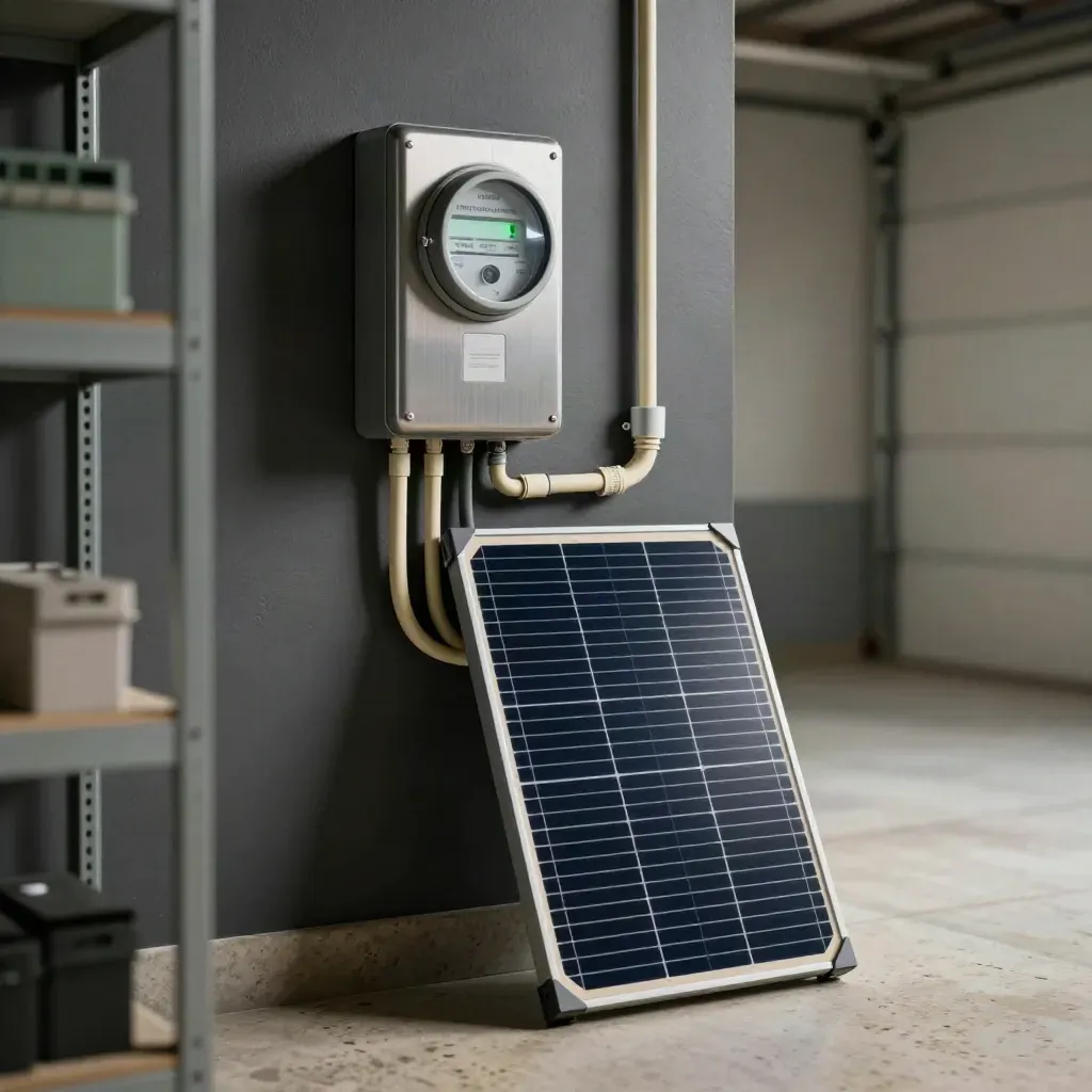 Chest-height garage utility panel with smart meter and solar breaker glowing in a dark wall.