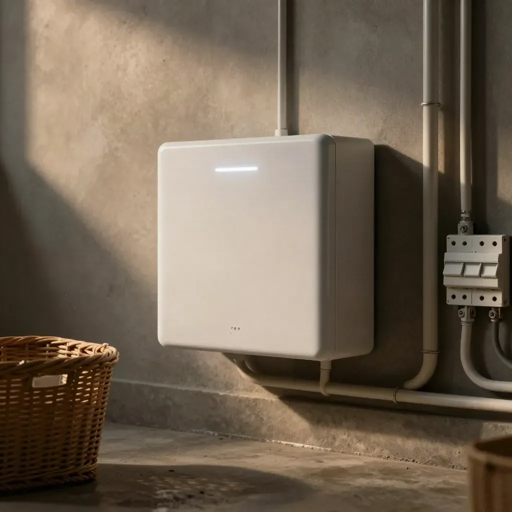 Wall-mounted home battery glowing in a tidy utility room with conduit and a woven basket.