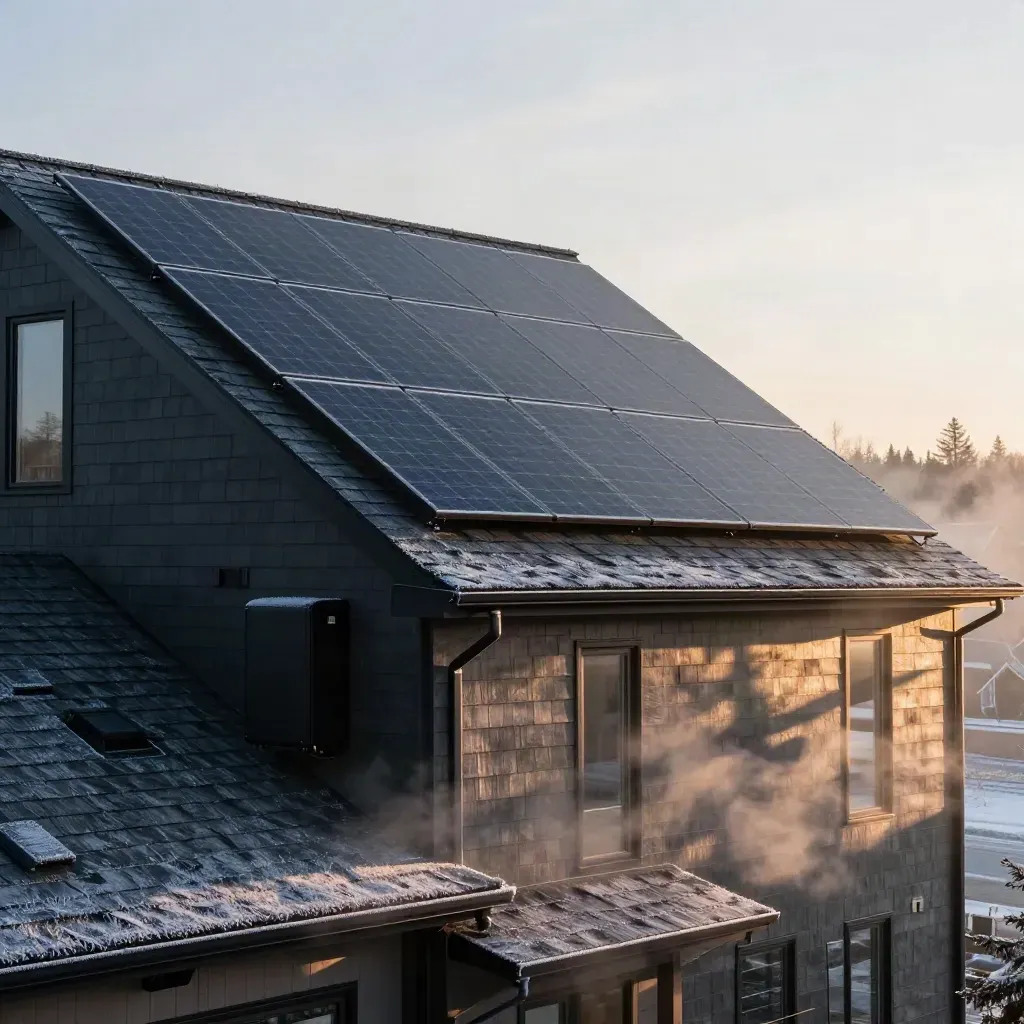 Solar panels on a frost-dusted home roof at sunrise with battery storage beside the wall.