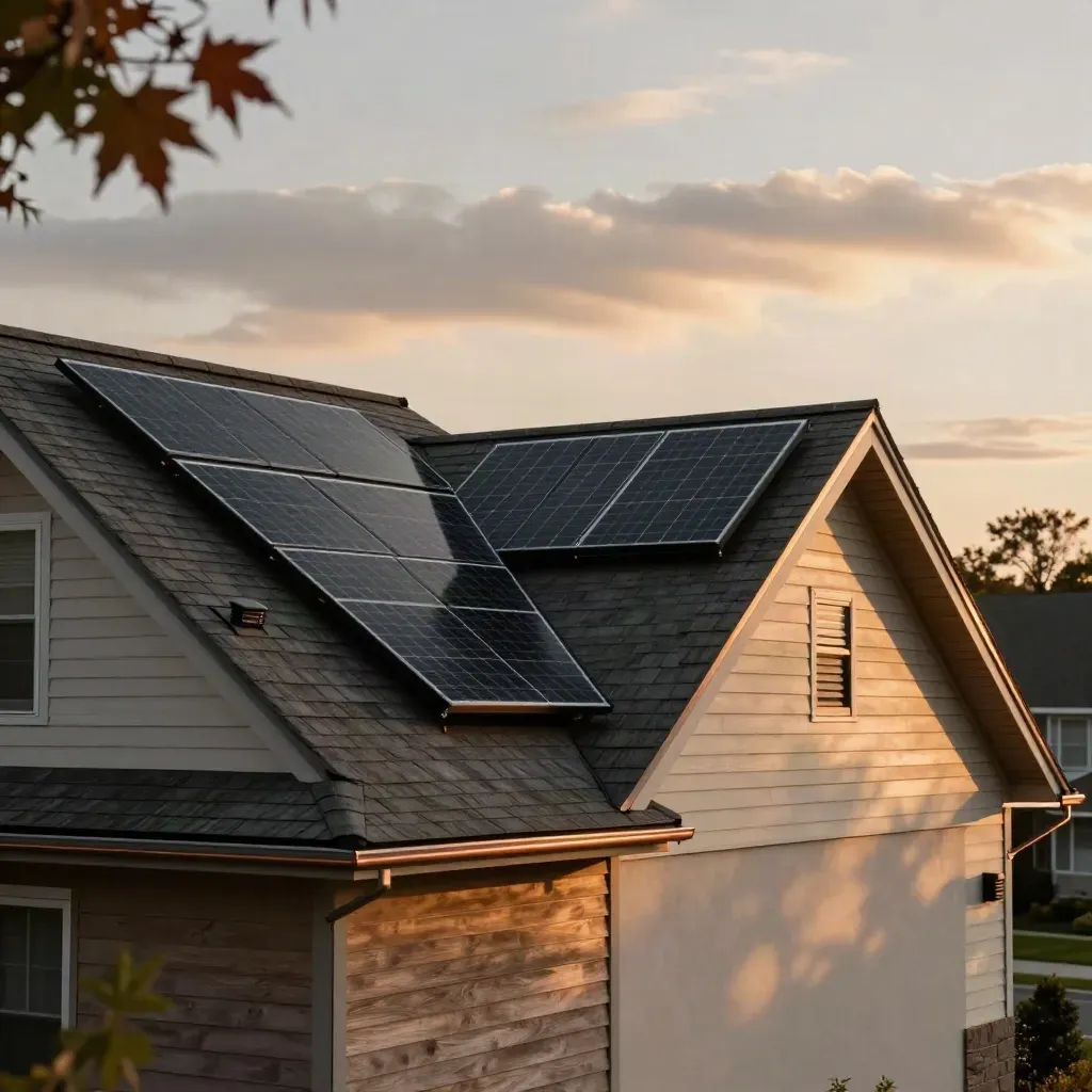 Completed suburban roof with full black solar panels glowing in warm late-afternoon light
