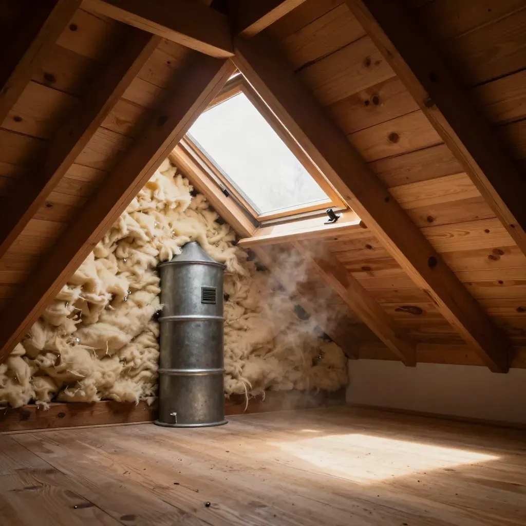 Glowing attic hatch, roof rafters, insulation, and vent stack in warm cinematic light.