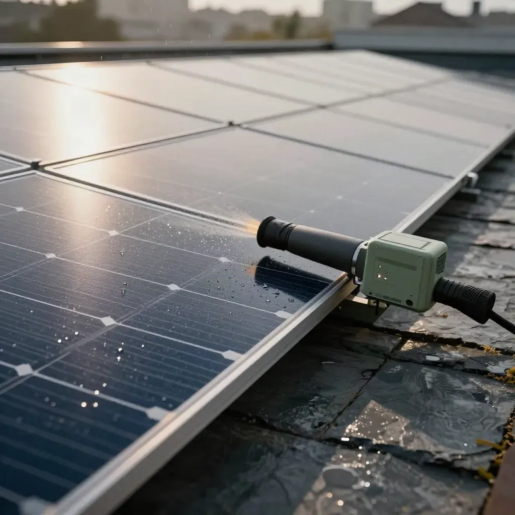 Wet solar panels being cleaned, with brush, blower nozzle, and inverter gateway.