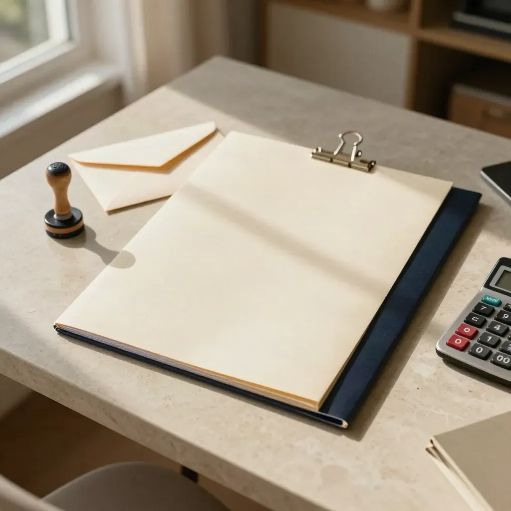 Top-down desk still life of rebate paperwork, stamp, calculator and closed folder in warm daylight