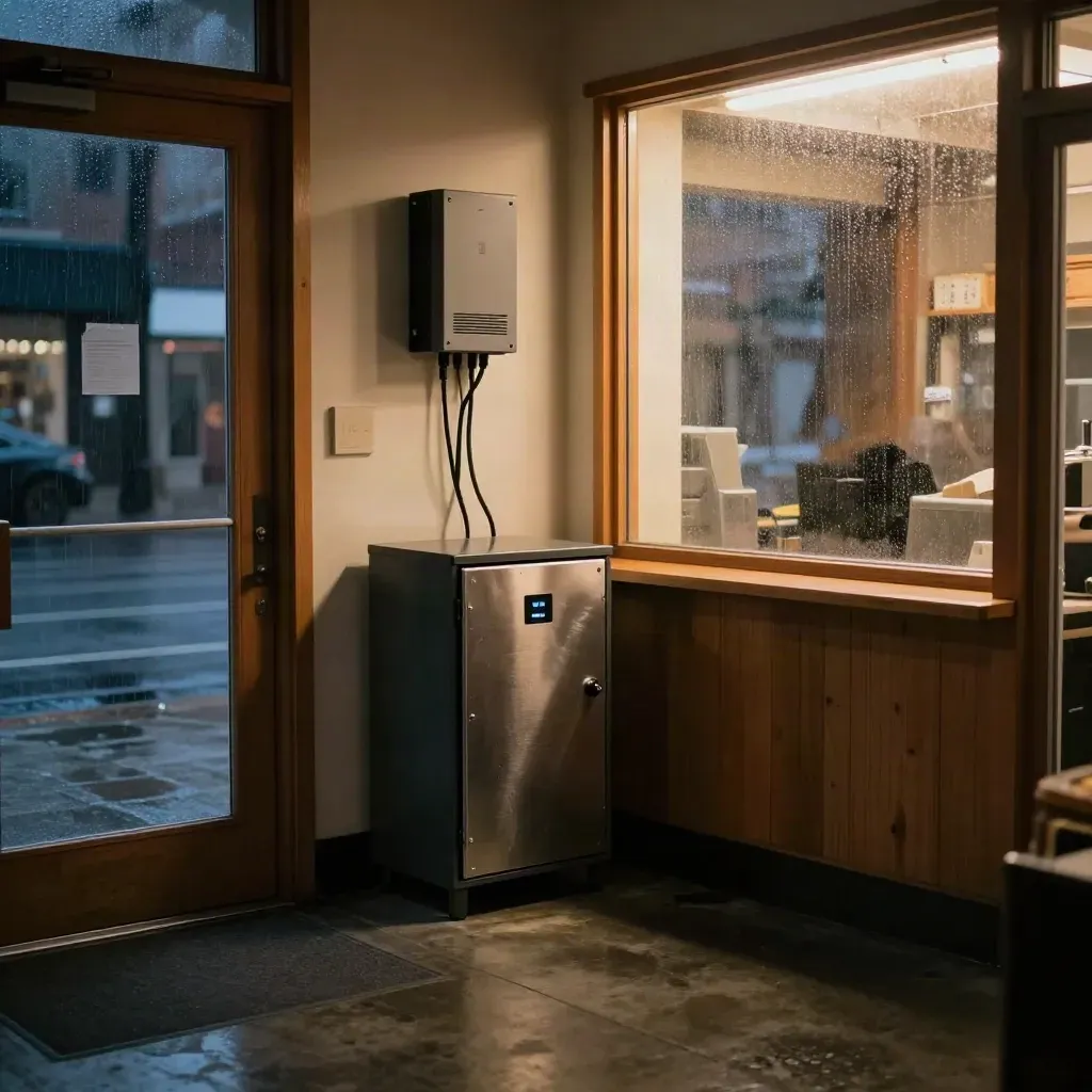 Empty storefront glowing from battery backup while rain darkens the street outside.