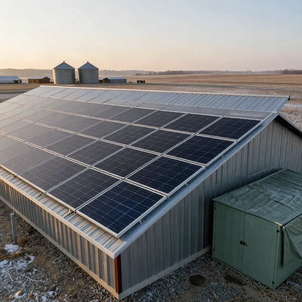 Barn roof with solar panels beside grain bins in warm prairie light.