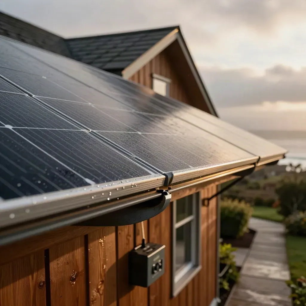 Rain-washed home with black solar panels, cedar siding, and eave-mounted disconnect in coastal light