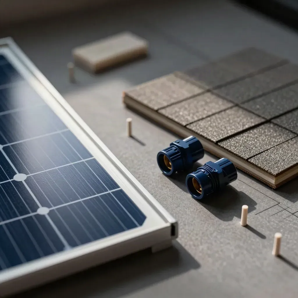 Macro still life of solar design tools: panel mockup, roof shingle sample, MC4 connectors and drafting pegs.