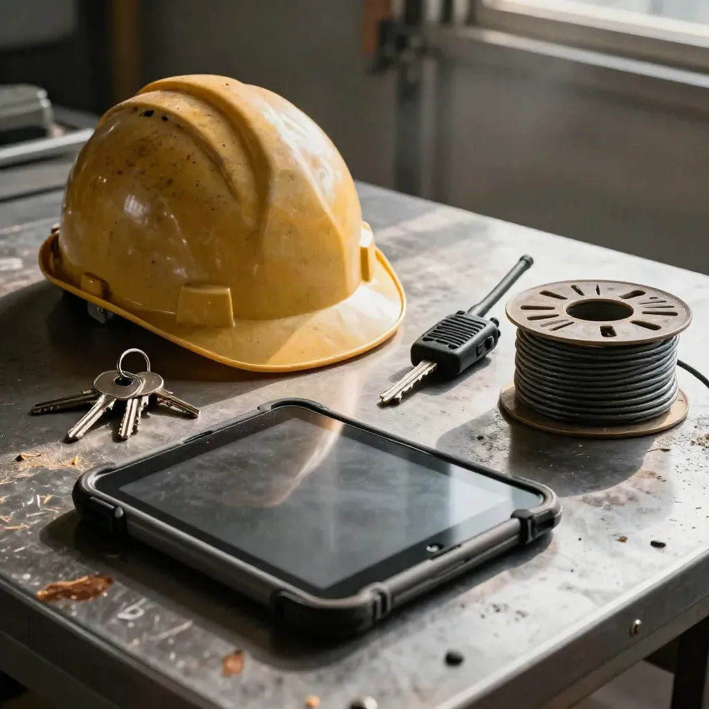 Hard hat, radio, keys, tablet, and cable spool on a steel workbench in dramatic light.
