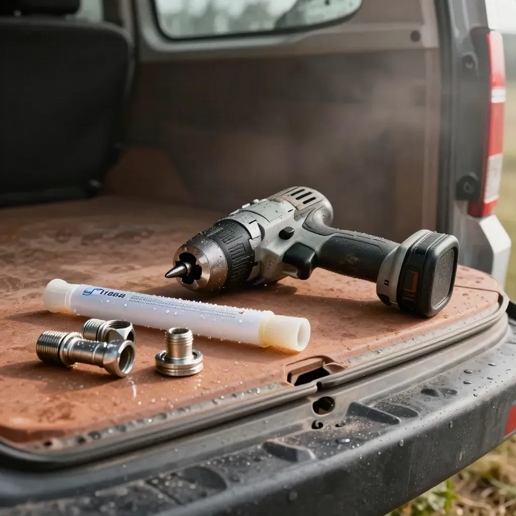 Tailgate still life of conduit bender, impact driver, sealant tube and cable glands in dawn mist.