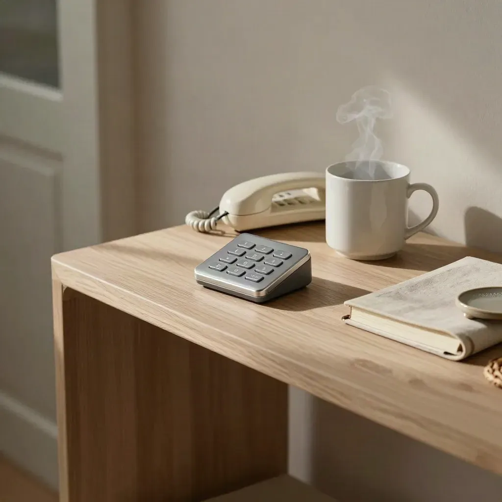 Doorbell keypad, handset, mug and closed notebook on a pale wood console in soft morning light.