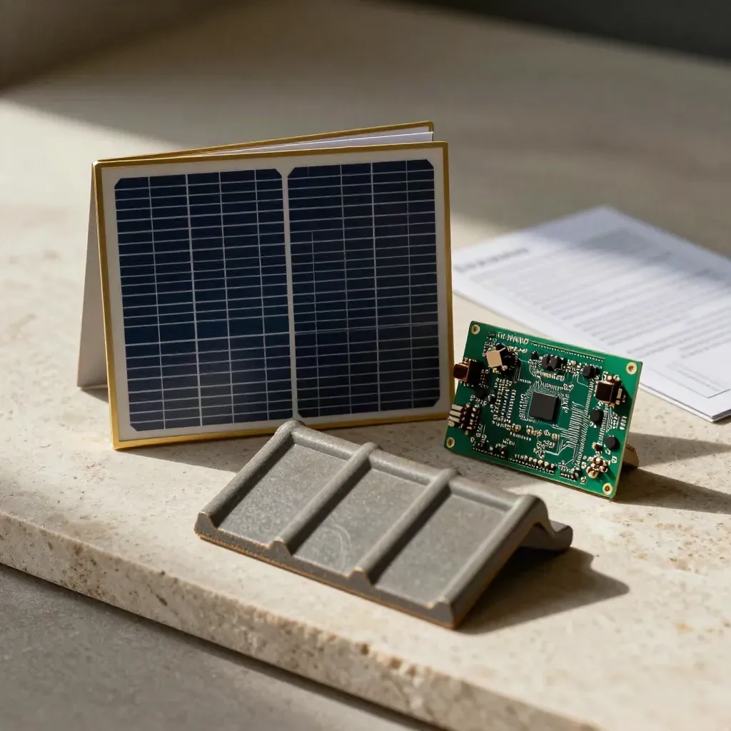 Solar quote folder with panel mockup, circuit board and roof tile on limestone.
