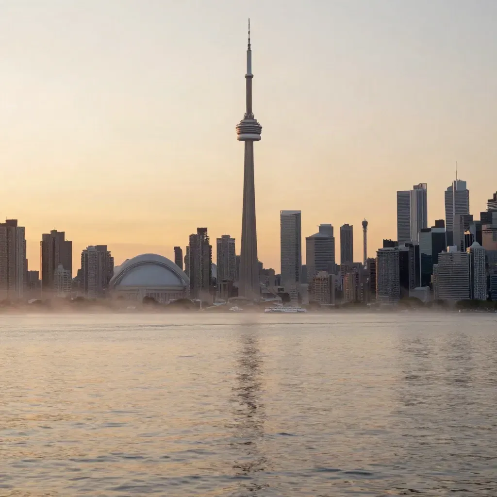 Toronto skyline with CN Tower above misty Lake Ontario and ferry wakes at golden hour.