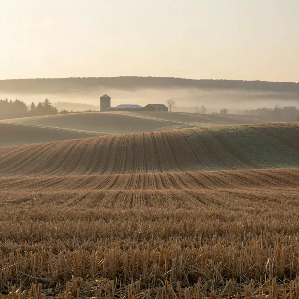 Foggy Southwestern Ontario farm fields with silos and a distant escarpment at dawn.
