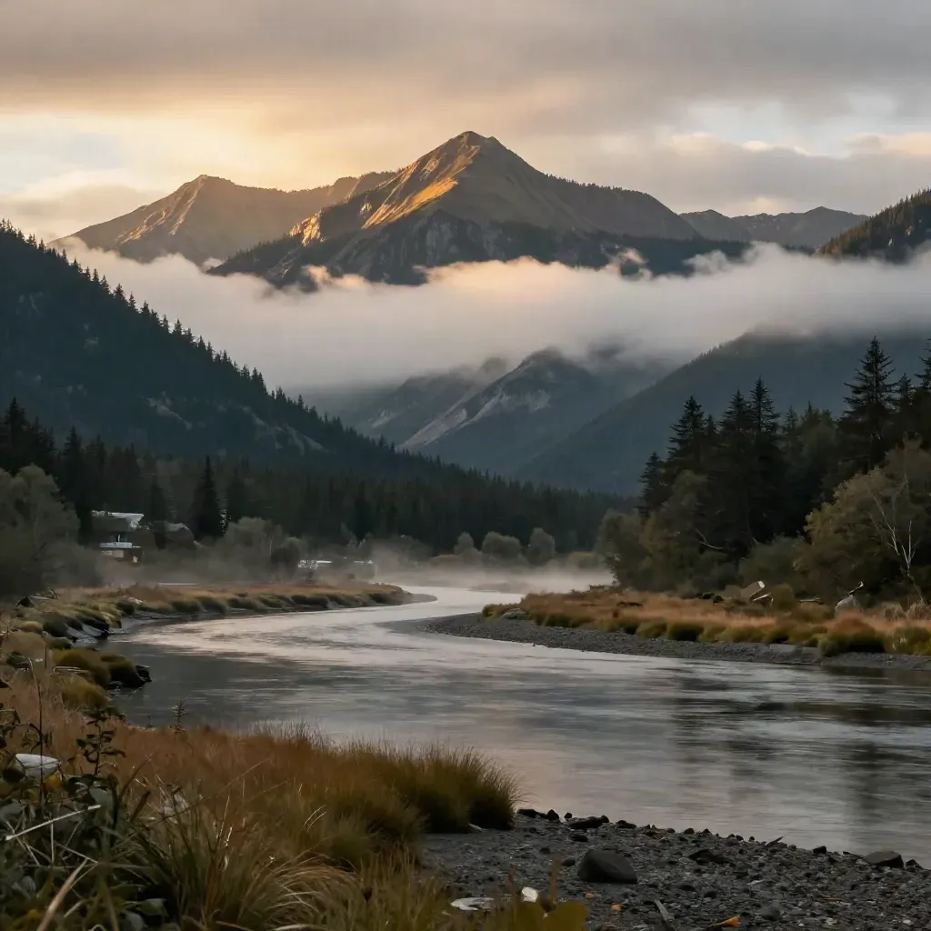 Lower Mainland mountains over a misty Fraser River plain at golden hour