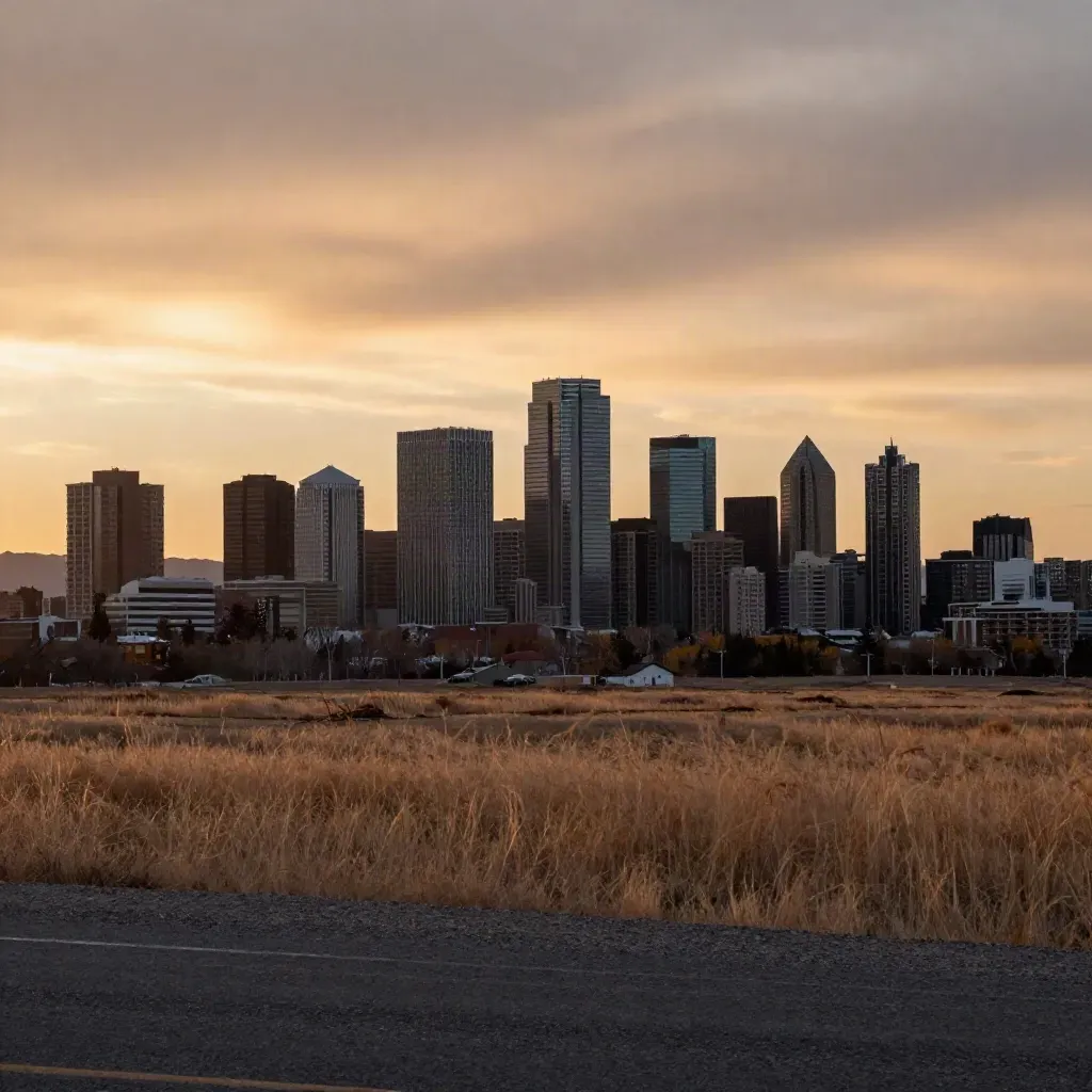 Calgary skyline above prairie grass at amber sunset with distant foothills